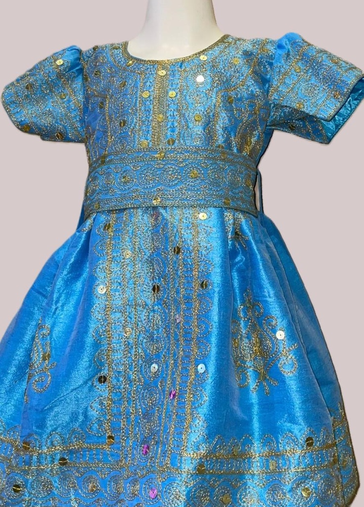 Girls' Dress with Golden Sequins and Elegant Belt for a Traditional Look