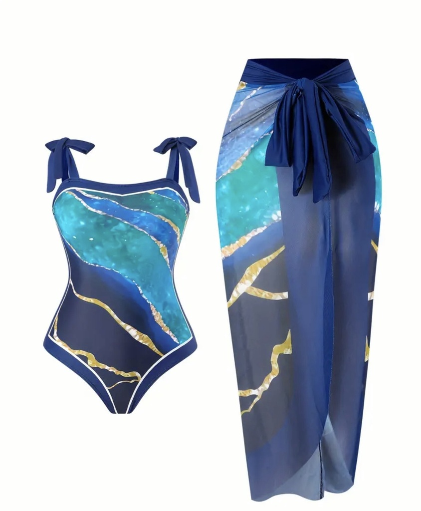 Blue Marble Print Stylish 2 Piece Swimsuits
