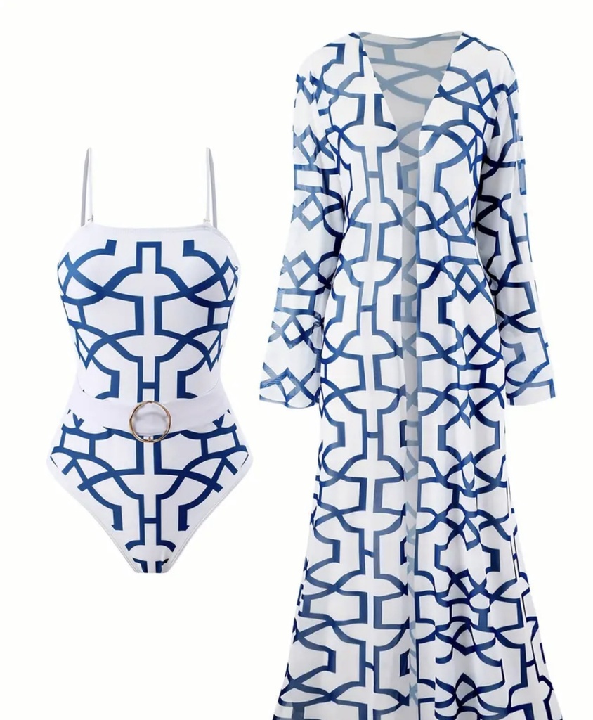 Geometric Print Ring Belt Decor Elegant Swimsuits
