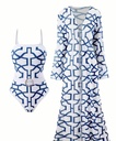 Geometric Print Ring Belt Decor Elegant Swimsuits