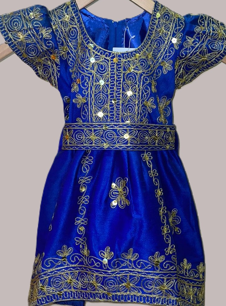 Blue Dress with Golden Thread and Sequins for Young Girls