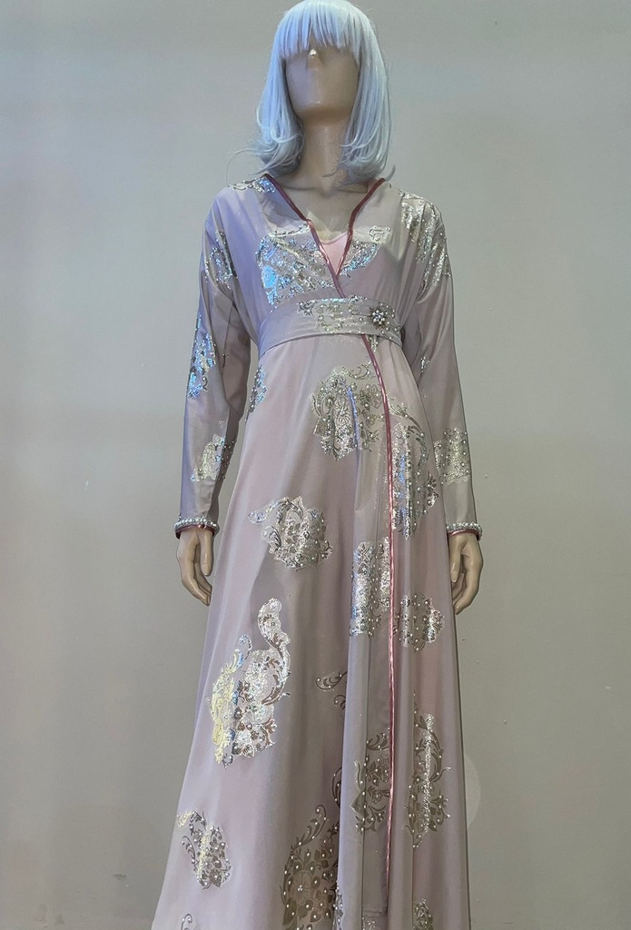 Women's Silver Floral Printed Dress Set with Belt - 2 Pieces