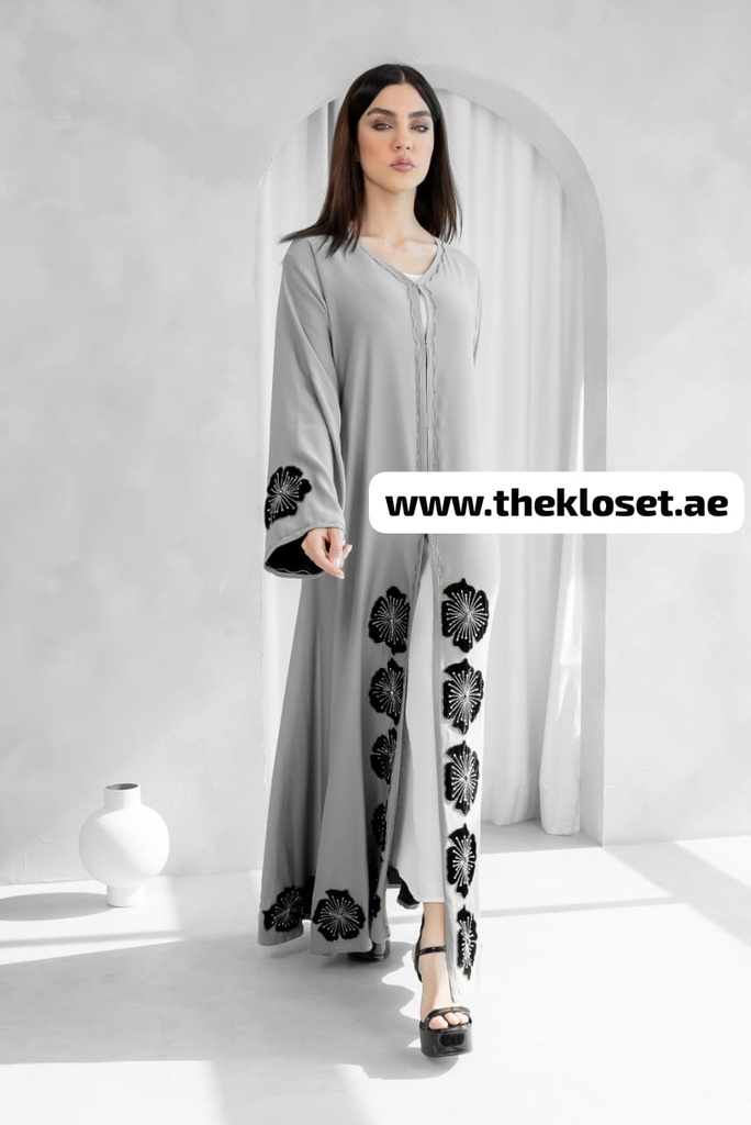 Handmade Flowers Embroidered Elegance Grey Abaya