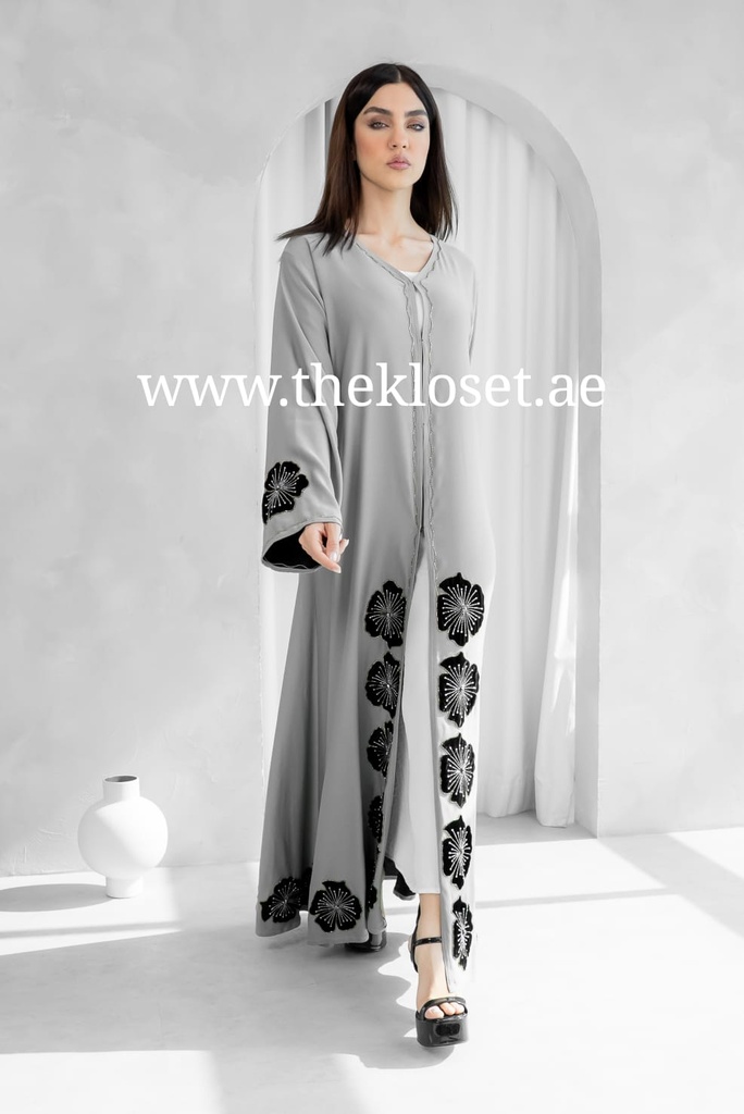 Handmade Flowers Embroidered Elegance Grey Abaya