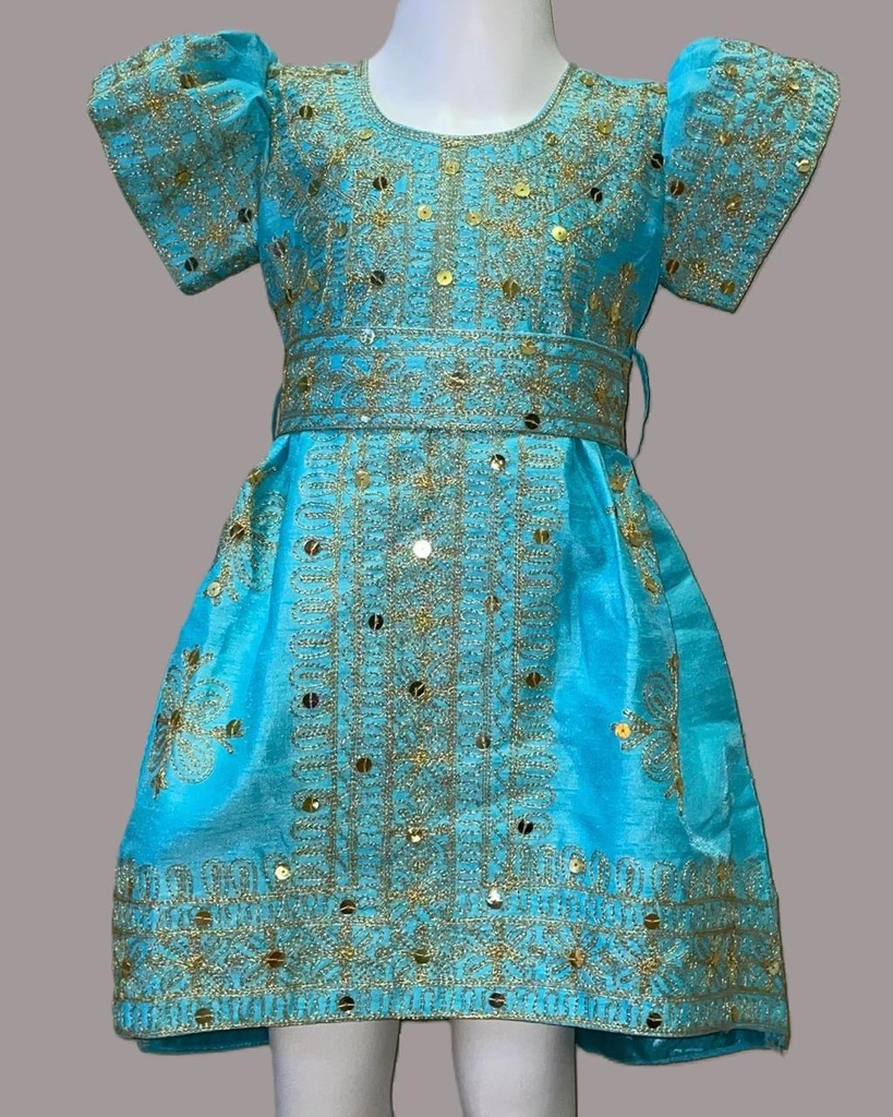 Chic Belted Traditional Green Dress Enhanced with a Touch of Gold for Girls