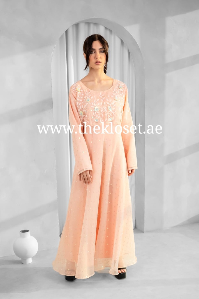 Peach Embroidered flower Design Midi Dress