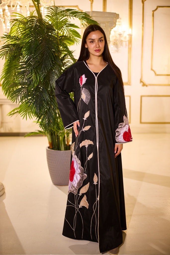 Chic Abaya with Floral Pattern and Bead Embellishments