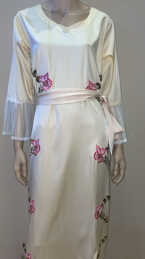 Off-White Crepe belted Dress With Embroidery 