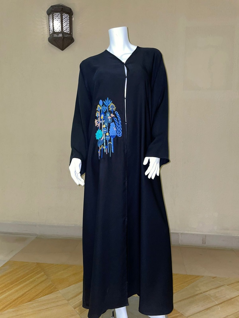 Black Abaya with Art Floral Design  