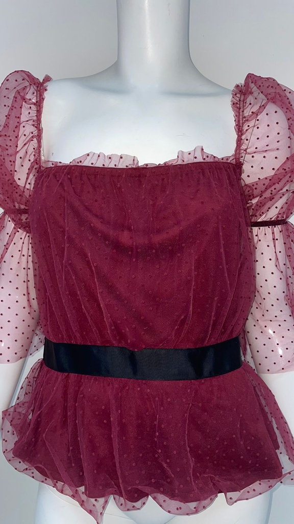 Maroon Tulle Balloon Sleeve Top
