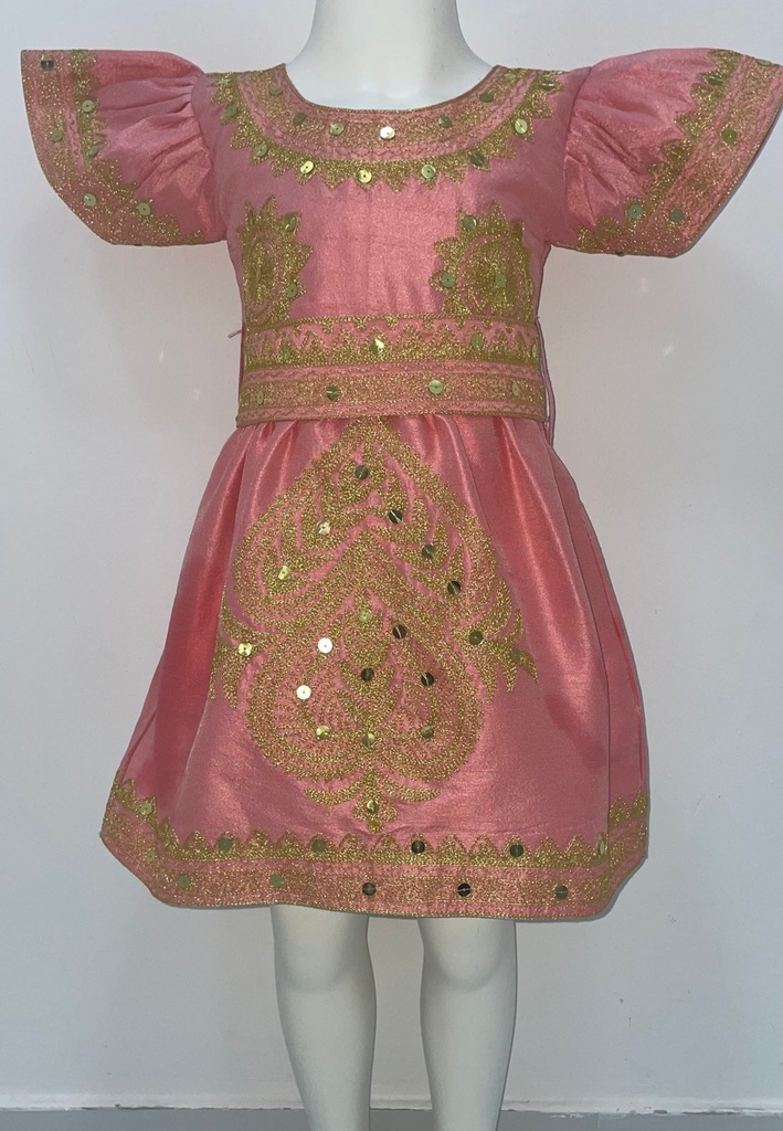 Cute Peach Dress With Golden Thread Embroidery And A Traditional Design