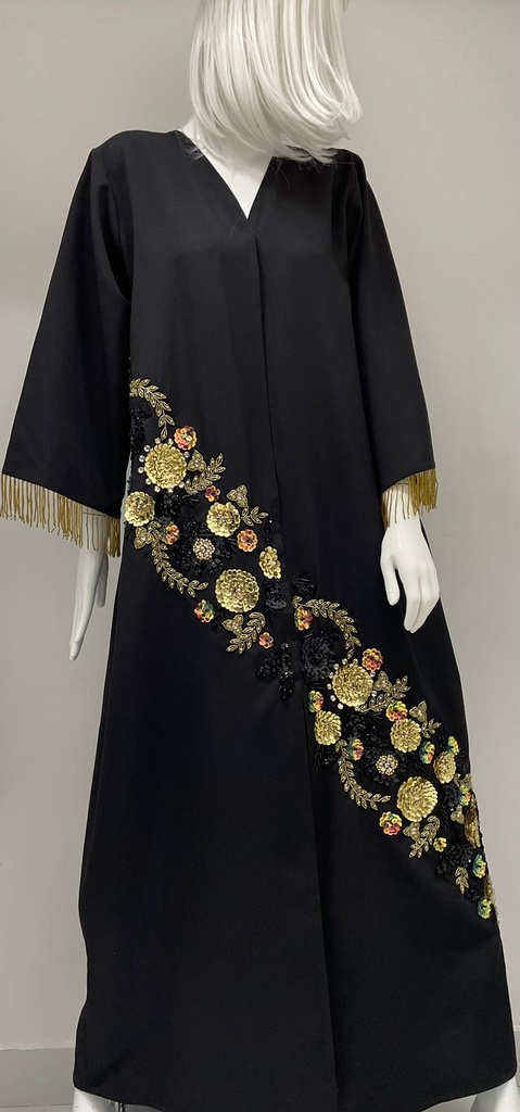 Embroidered Golden Floral Open Front Wedding Abaya
