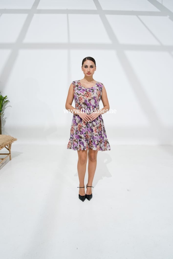 Floral Print Sleeveless Cute Midi Dress In Purple