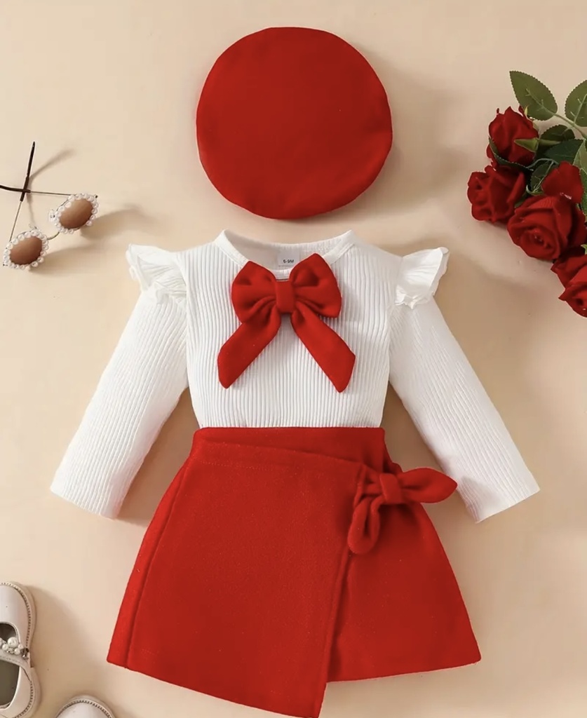 Lovely Bowknot Top & Skirt with Beret Girly Set