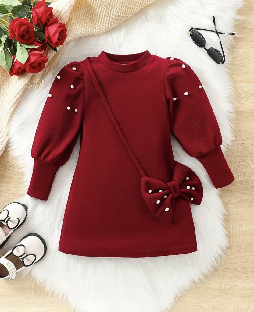 Pearls Puff Sleeves Dress with Bow Bag Set