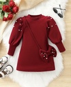 Pearls Puff Sleeves Dress with Bow Bag Set
