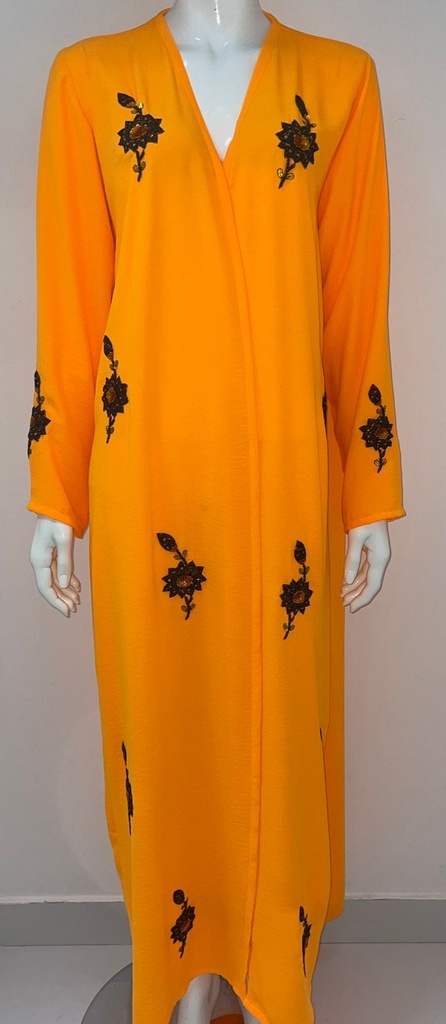 Chic Orange Abaya With Sequin Flower Design