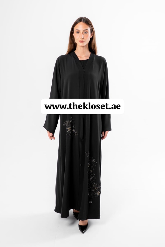 Black Abaya With Beaded Butterfly Design 