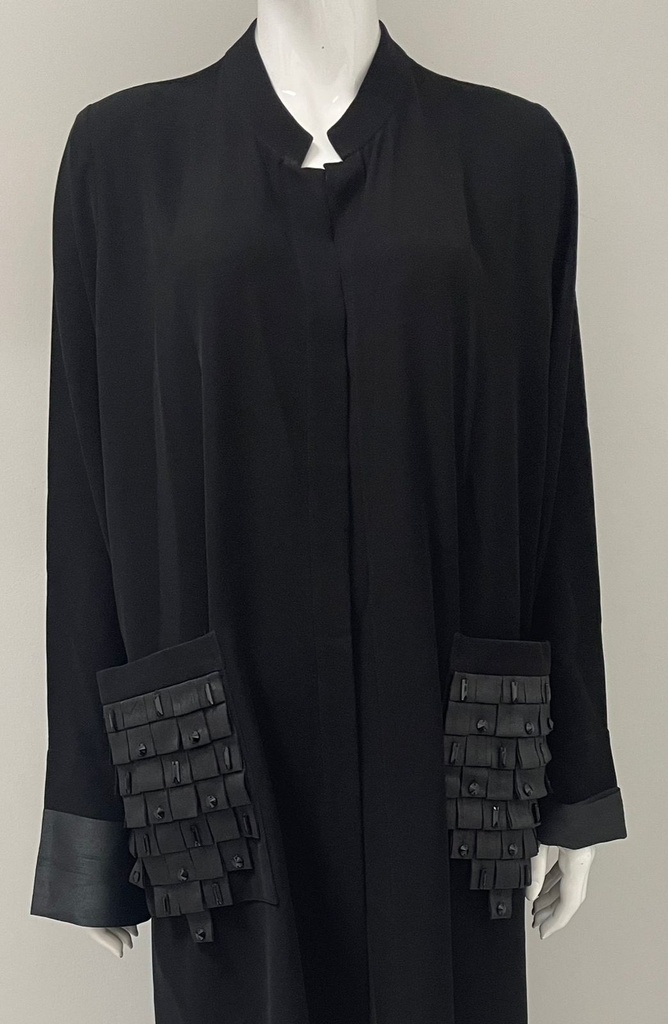 Black Open Abaya With Embroidered Beads Pocket Both Side