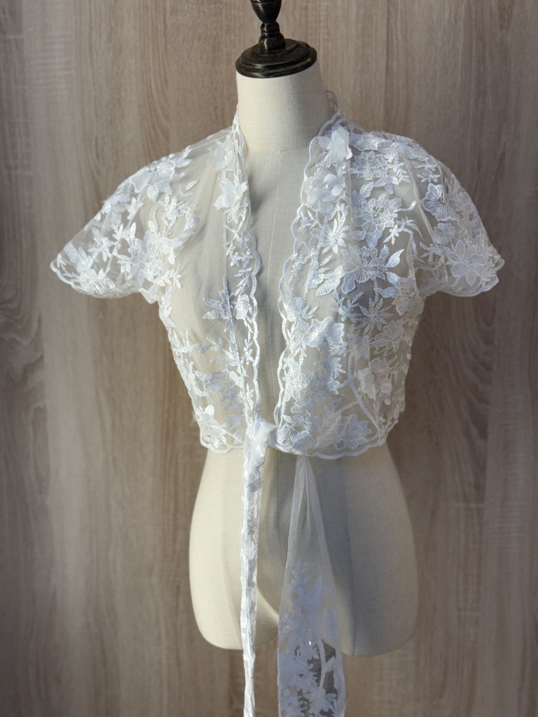 3D White flowers sheer short jacket