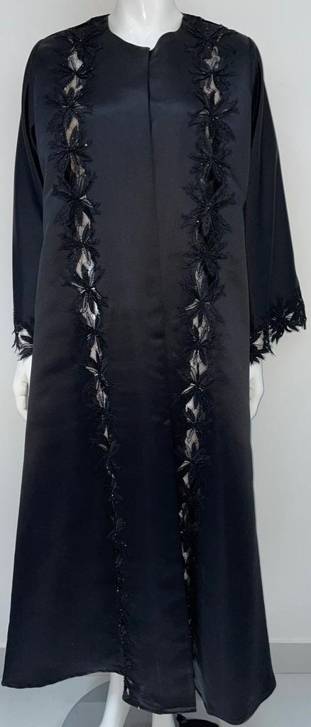 Silky Black Abaya With Embroidered Flower Design