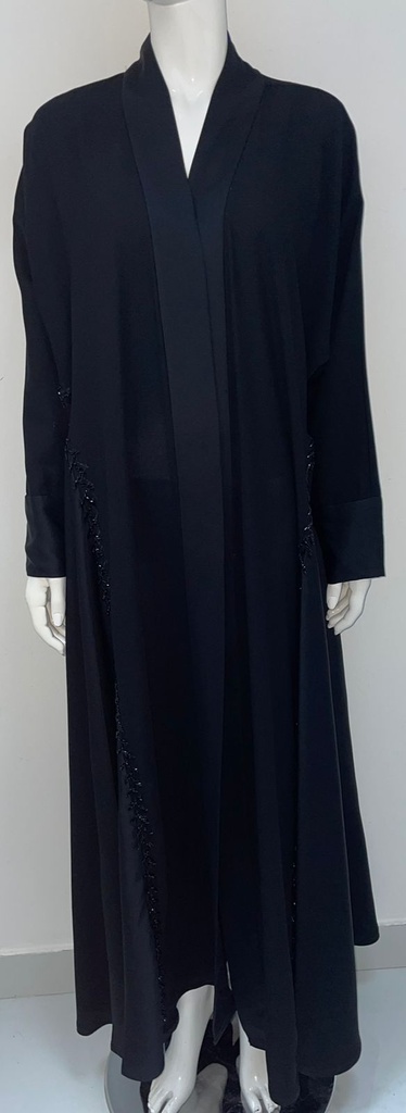 Black Open Abaya With Beaded Embroidery Design
