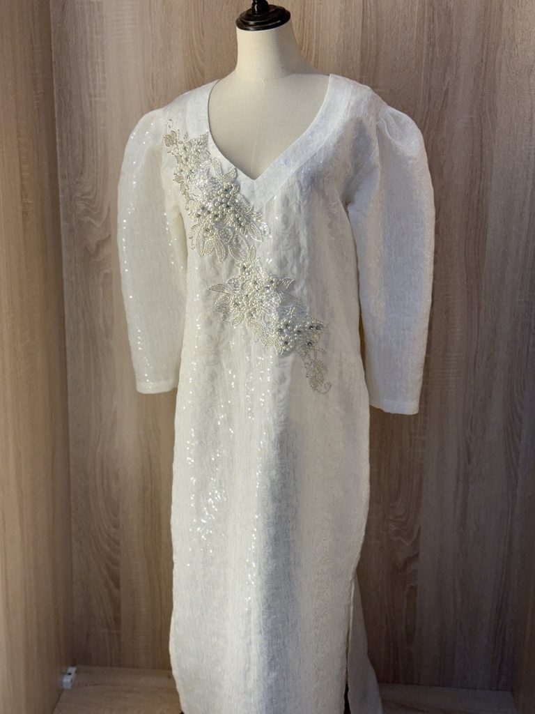 Exquisite white Sequins & Beads Floral Dress