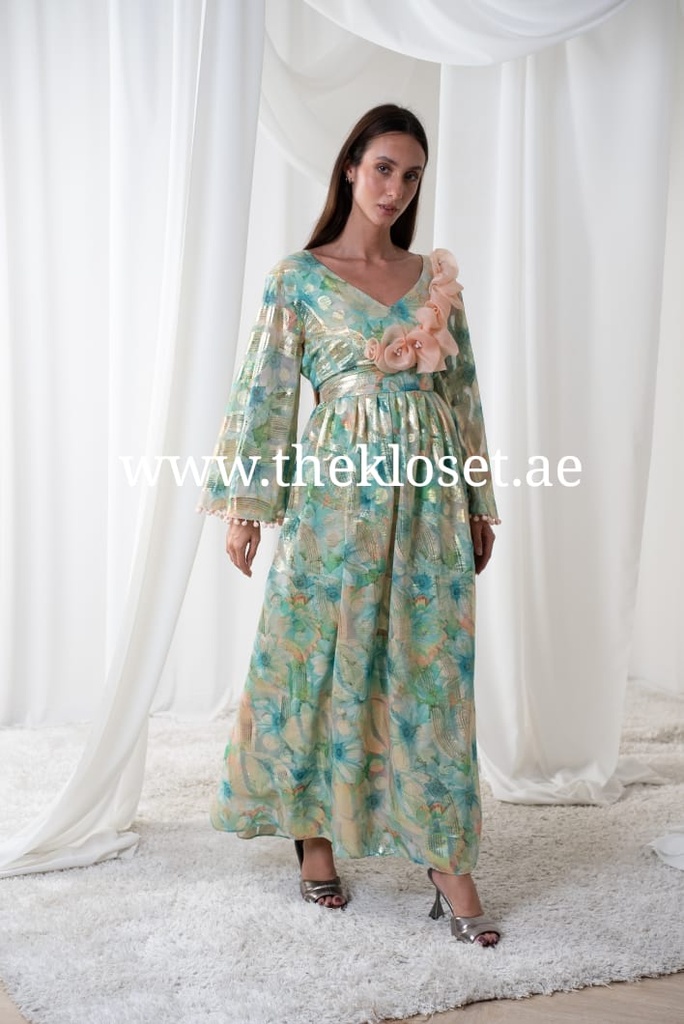 Glittery Green Flowers Tassels Dress