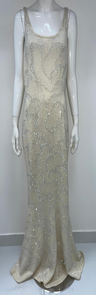 Cream Mesh Rhinestone Maxi Dress 