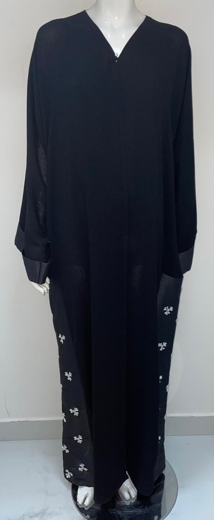 Elegant Abaya With Beaded White Flower Design