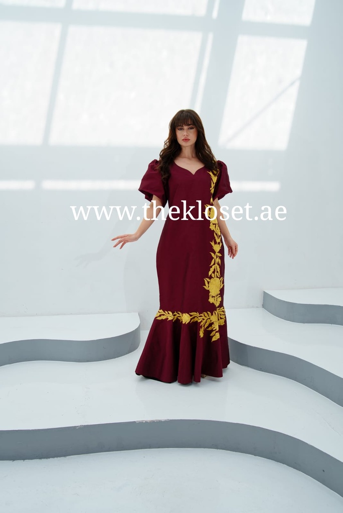Burgundy embroidered dress with lantern sleeves and floral design