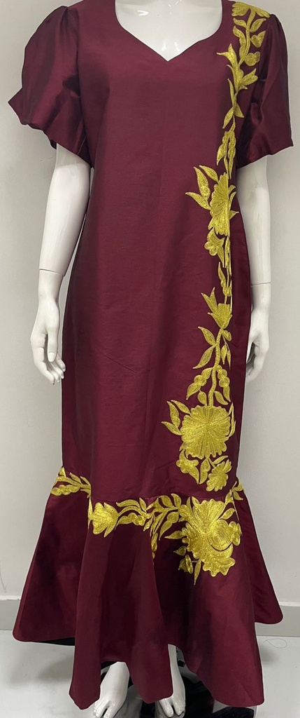 Burgundy embroidered dress with lantern sleeves and floral design