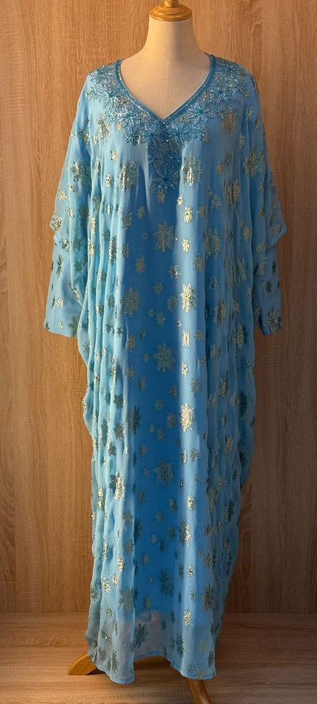 Hand beaded flowers blue thoub dress