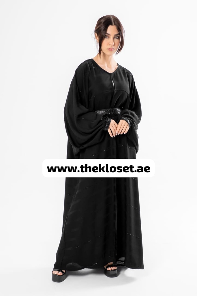 Hand beaded belted closed wide sleeves style abaya