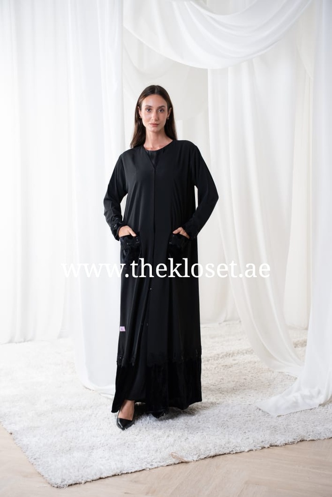 Beaded velvet rim silky abaya