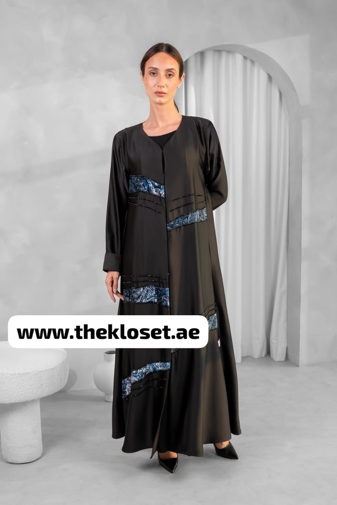 Cashew Velvet & stones strips black Abaya 