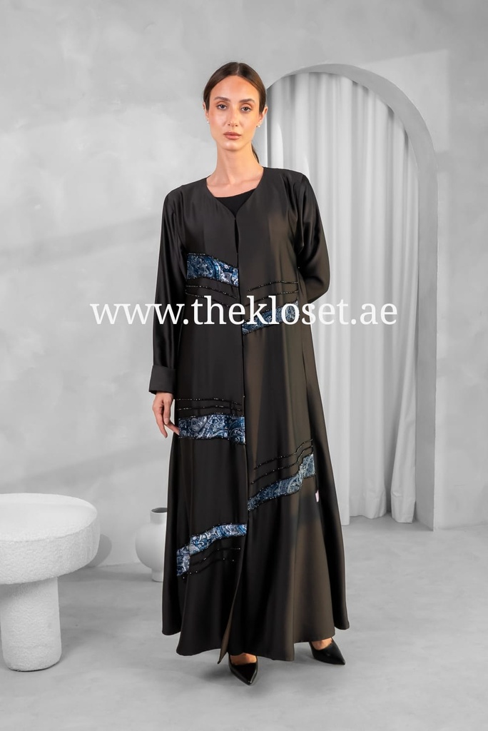 Cashew Velvet & stones strips black Abaya 