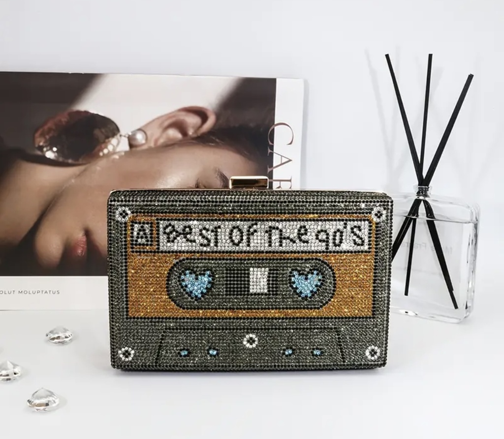 Stylish stones encrusted cassette tape shape bag 