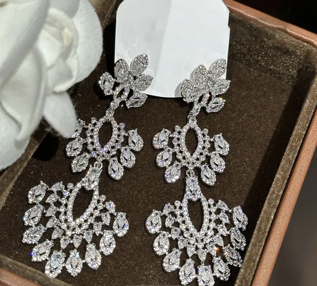 925 sterling silver flower fan zircon dangle Earrings