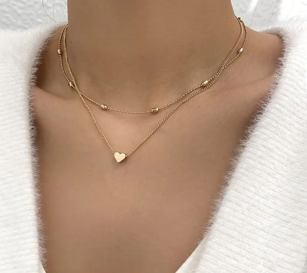 Cute Double Layered Heart Pedant Iron Chain Necklace