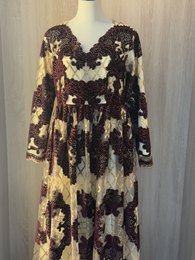  Royal floral Sequins beige & maroon Dress 