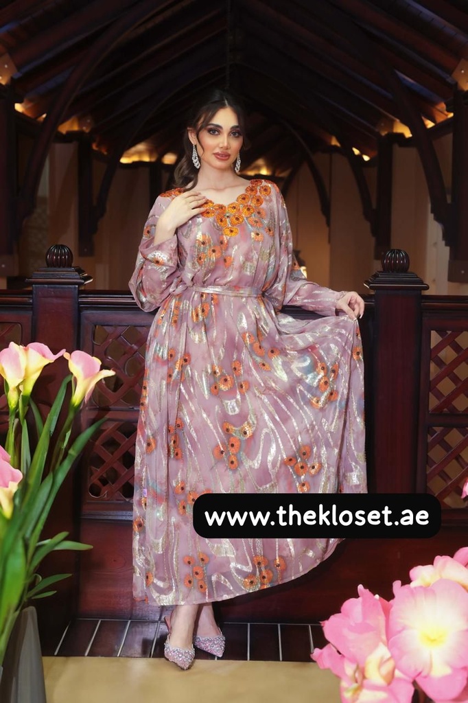Mauve Gold Bloom Kaftan Dress