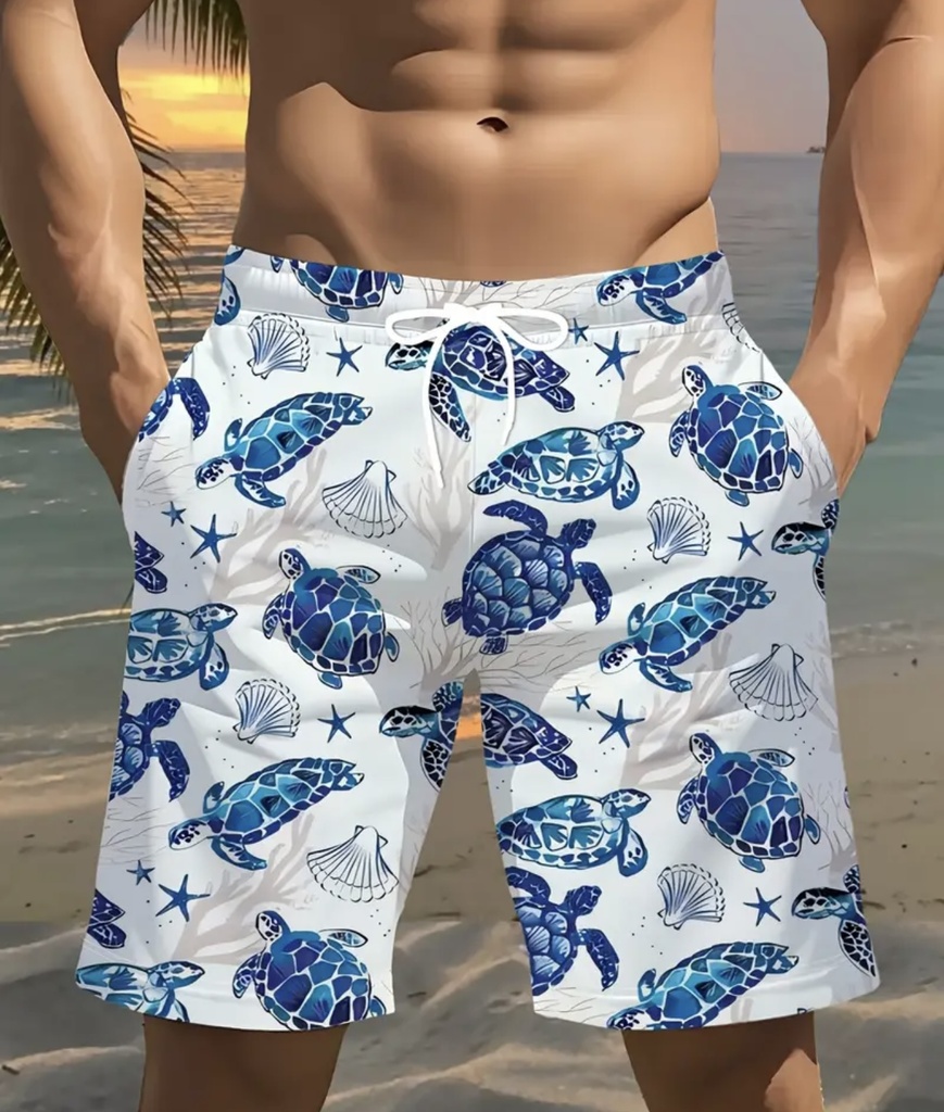 Men's Blue Turtles  white Beach Shorts  