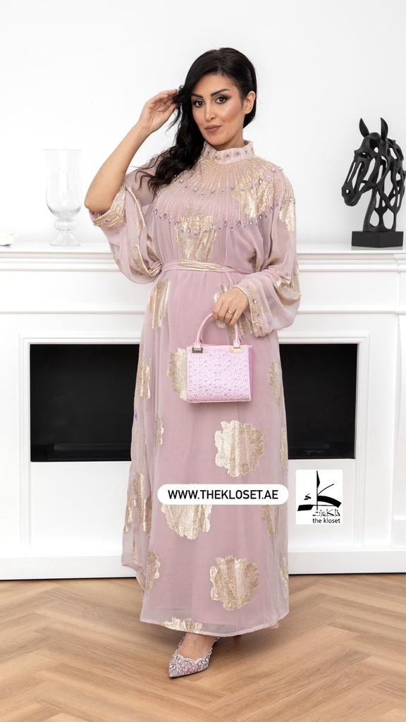 Pink Hand Beaded Lined High Neck Dress