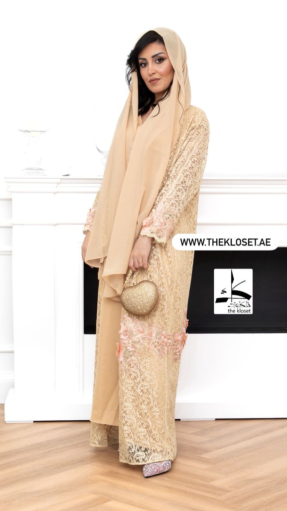 Golden Floral Lace Abaya With Dress And Sheila