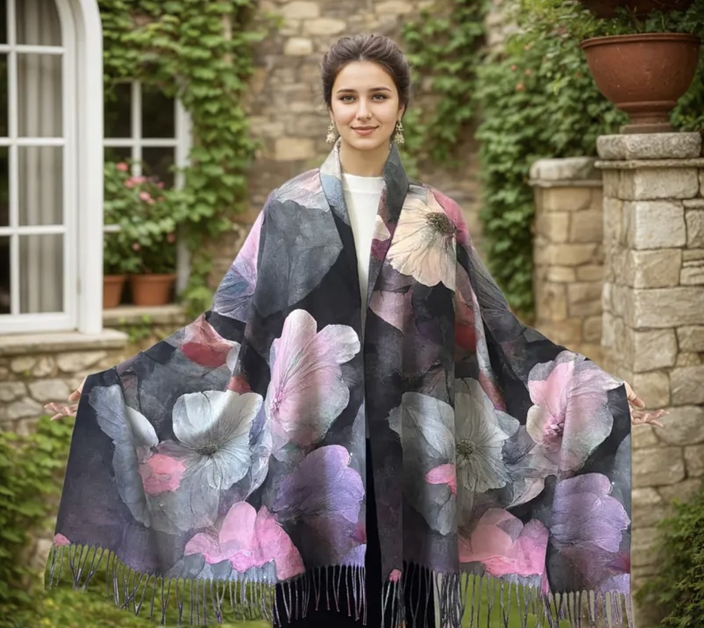 Camellia floral shawl with tassels 