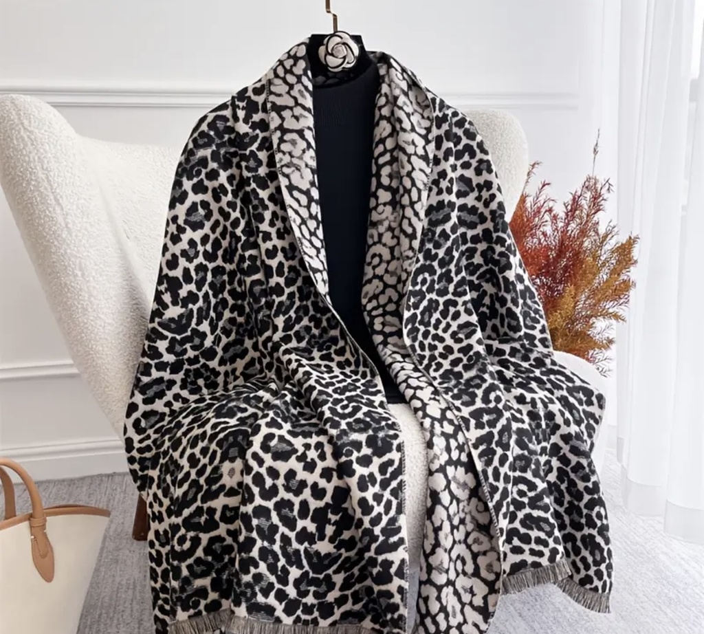 Leopard print fringed shawl 