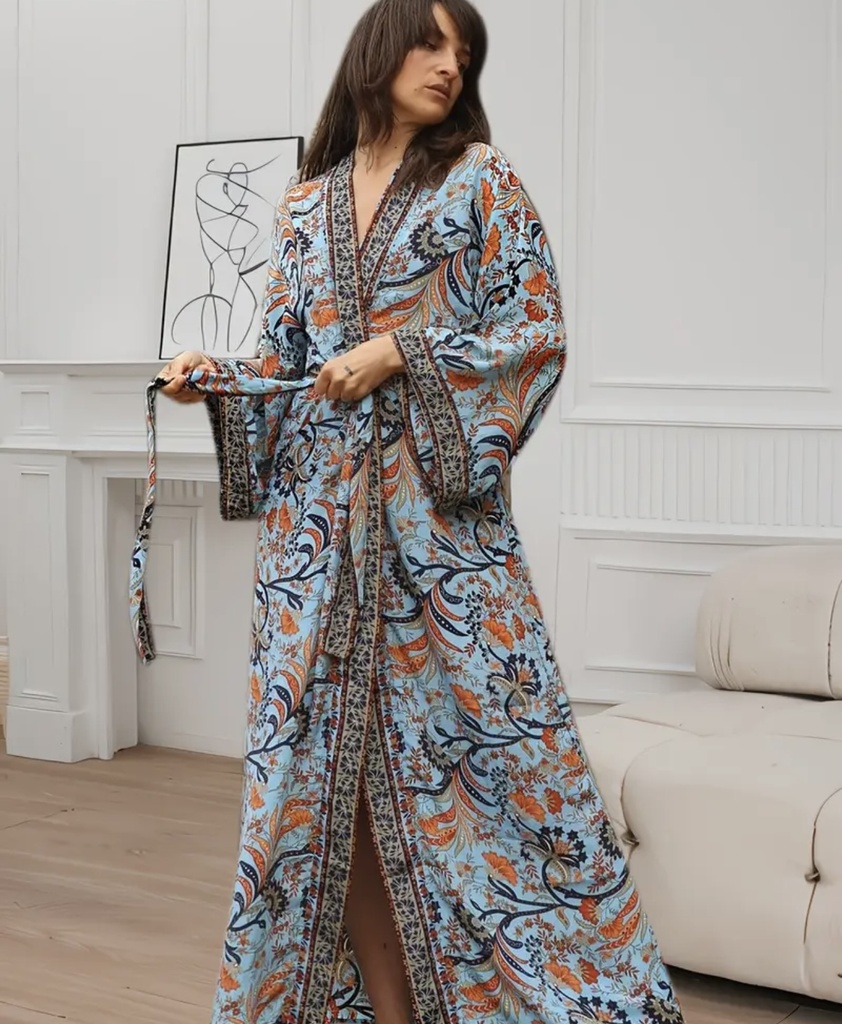 Bohemian floral bathrobe with waist tie