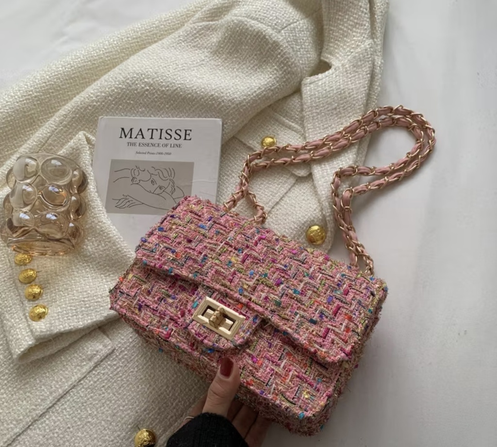 Luxury pink plaid checkered wool Crossbody Bag  