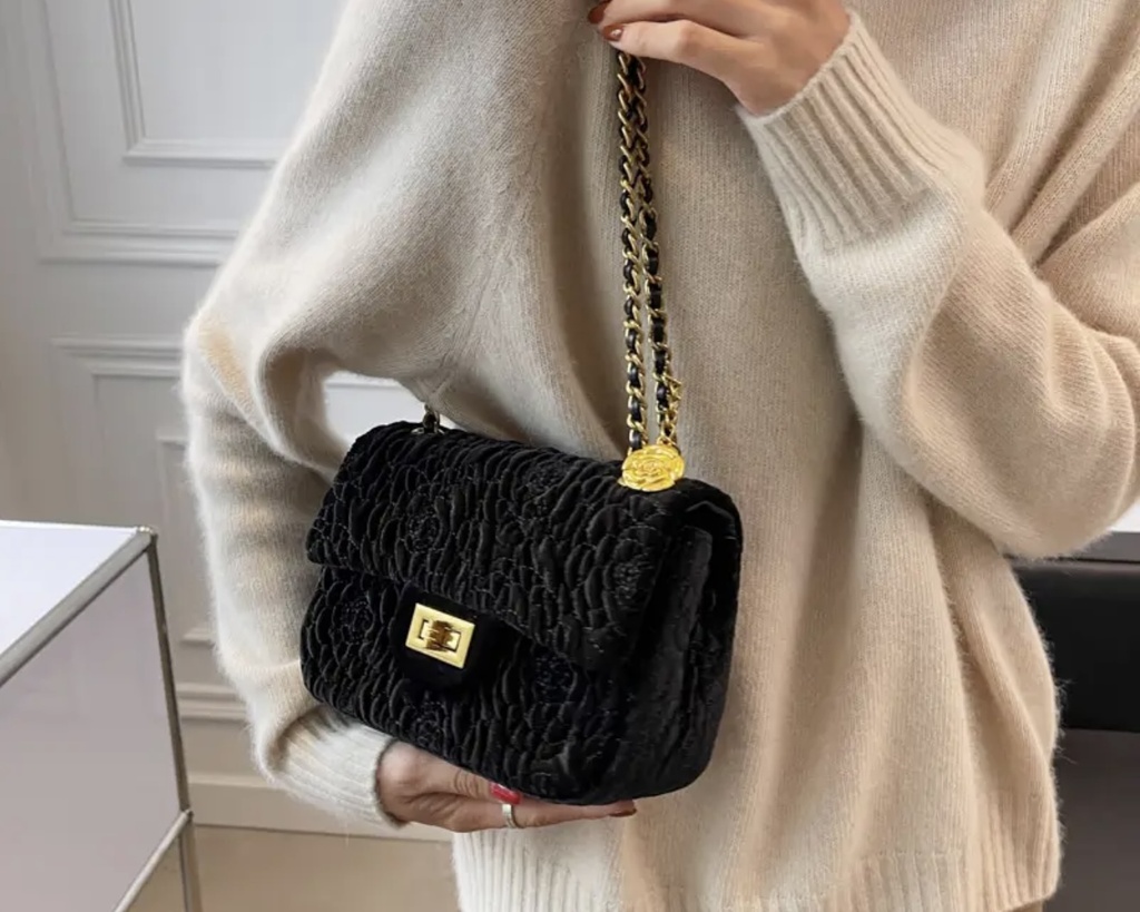 Luxury black corduroy camellia flower Crossbody Bag  